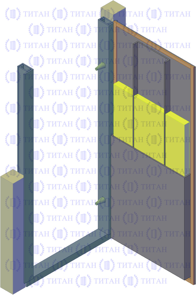 Металлическая дверь, трехслойная гнуто-сварная конструкция с рамой из двух швеллеров, без нащельника